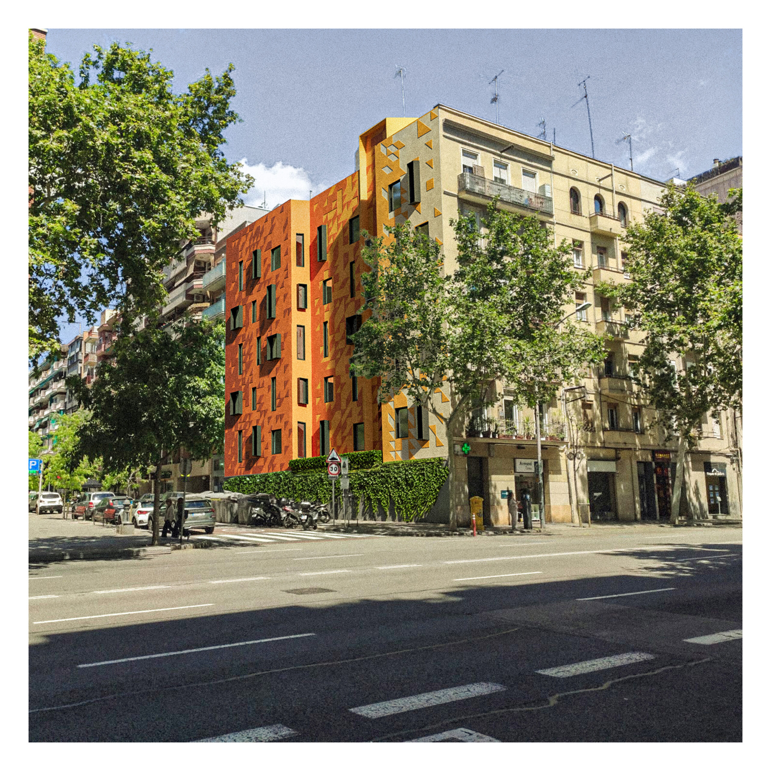 Urban Palette, Barcelona: renkli cephe önerisinin sokak dokusu içindeki görselleştirmesi.