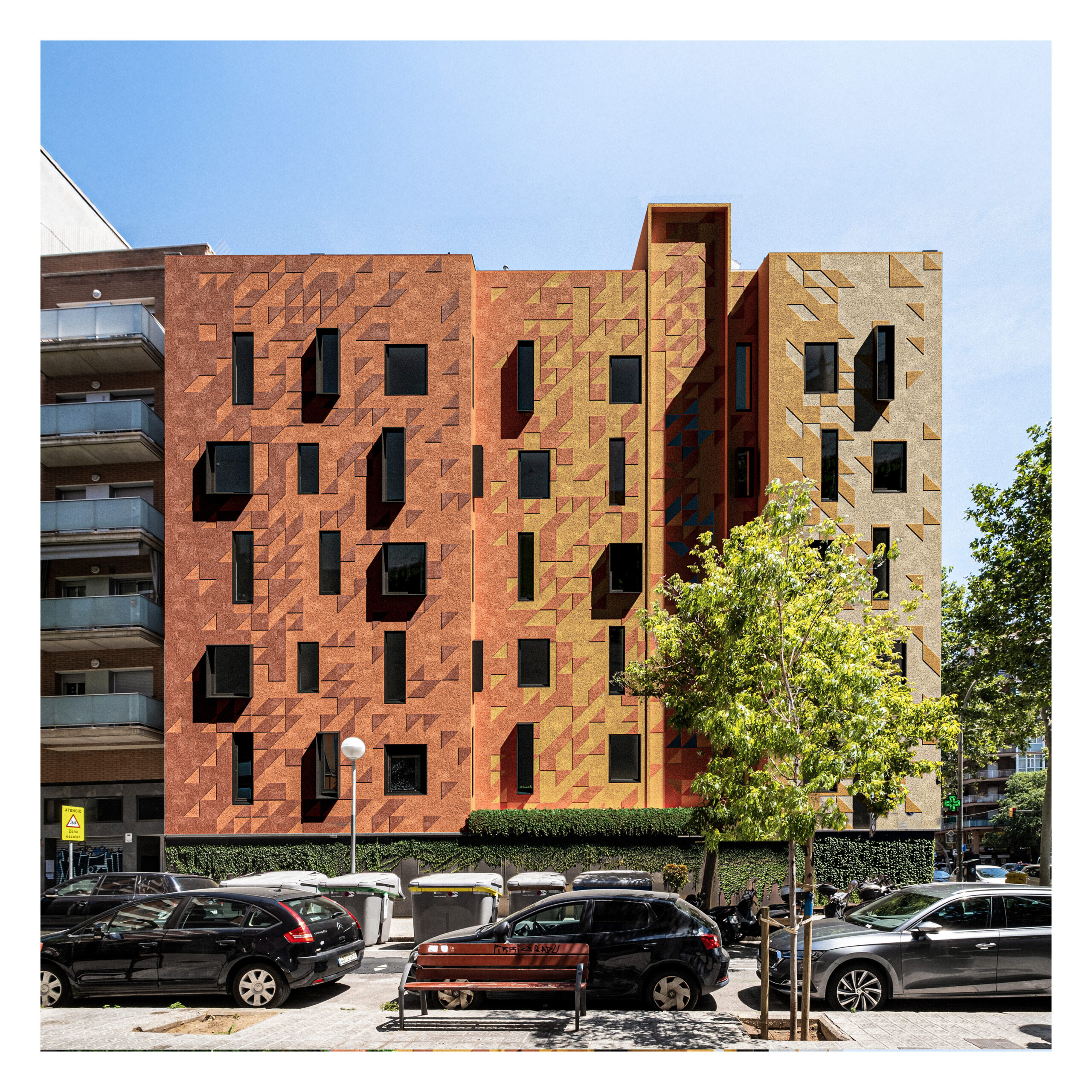 Urban Palette, Barcelona: kırmızı ve sarı yüzeyler ile çıkmalı pencere elemanlarının cephe önerisi.