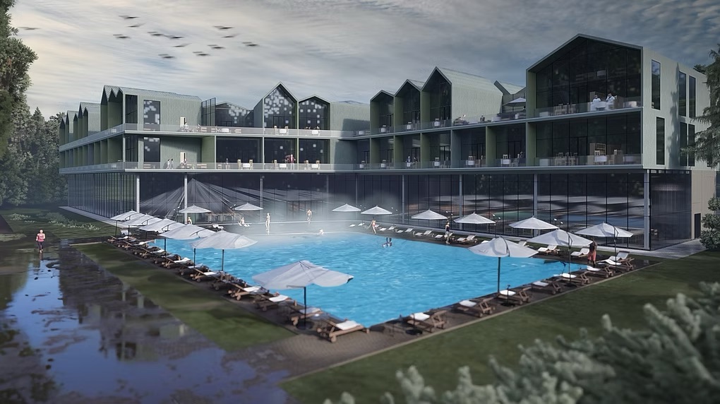 SPA Hotel: açık havuz, şezlong terası ve otel cephesinin mimari görselleştirmesi.