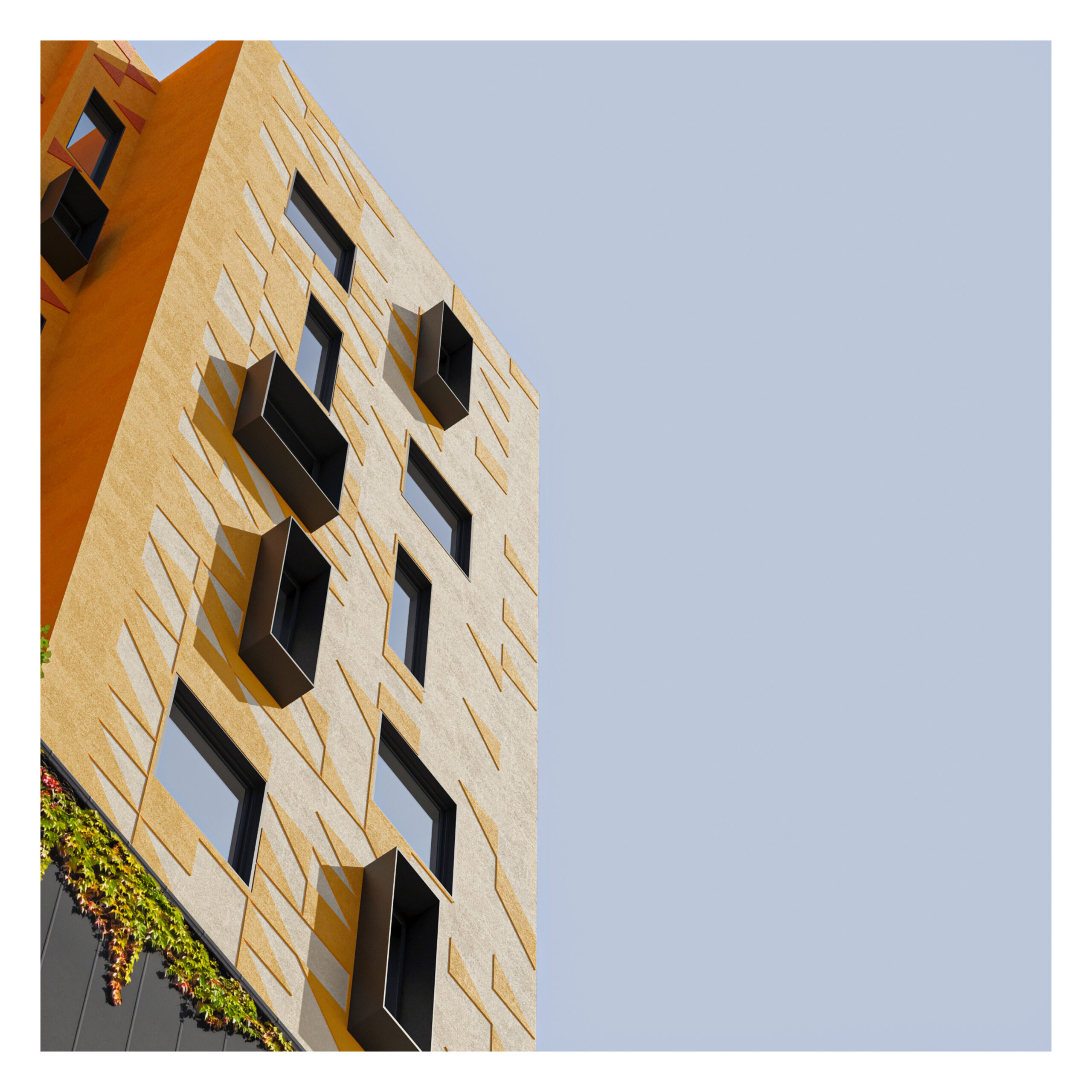 Urban Palette: sarı cephe yüzeyleri ve koyu renkli çıkmalı pencere elemanlarının yakın görünüşü.