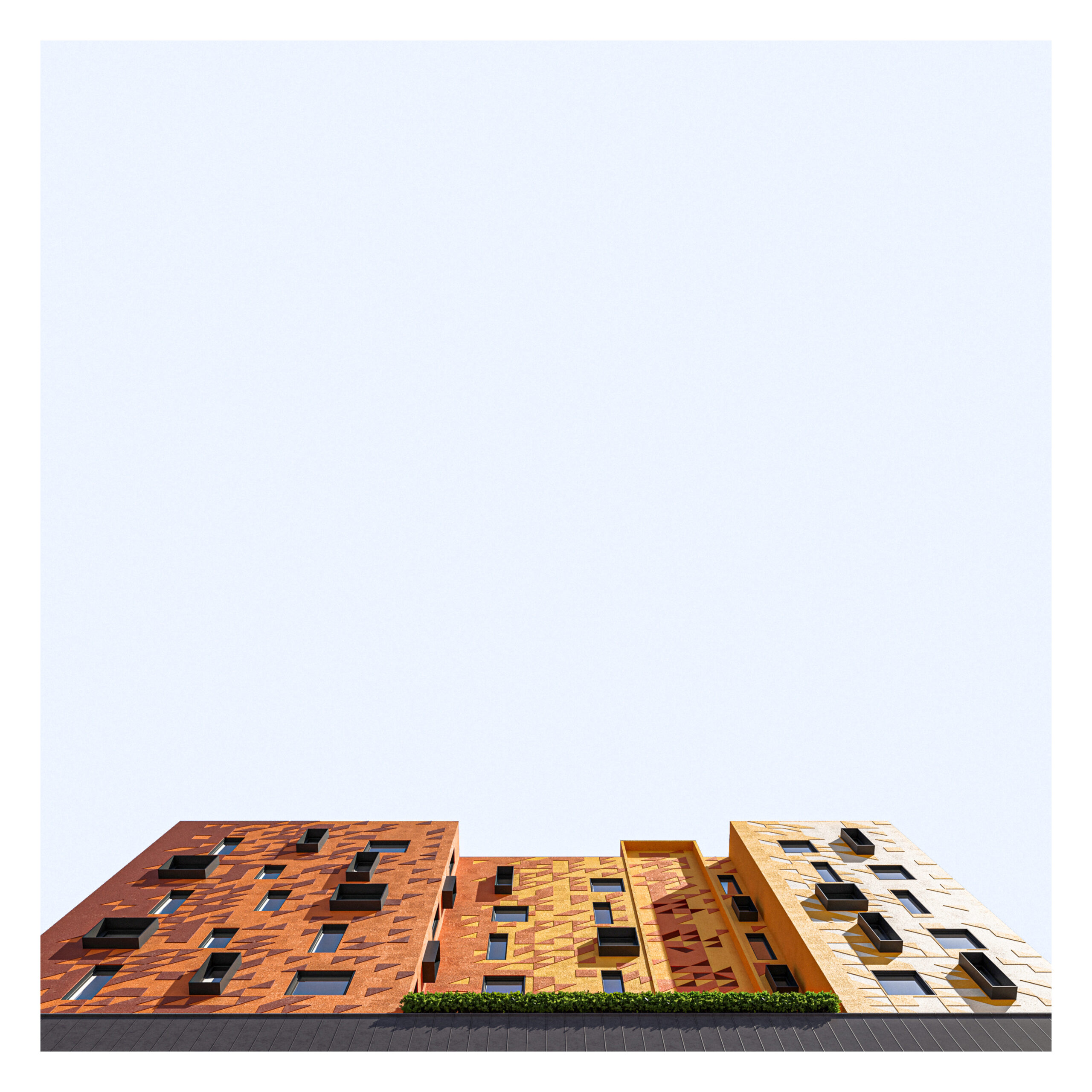 Urban Palette: renkli cephe yüzeylerinin aşağıdan perspektif renderı.