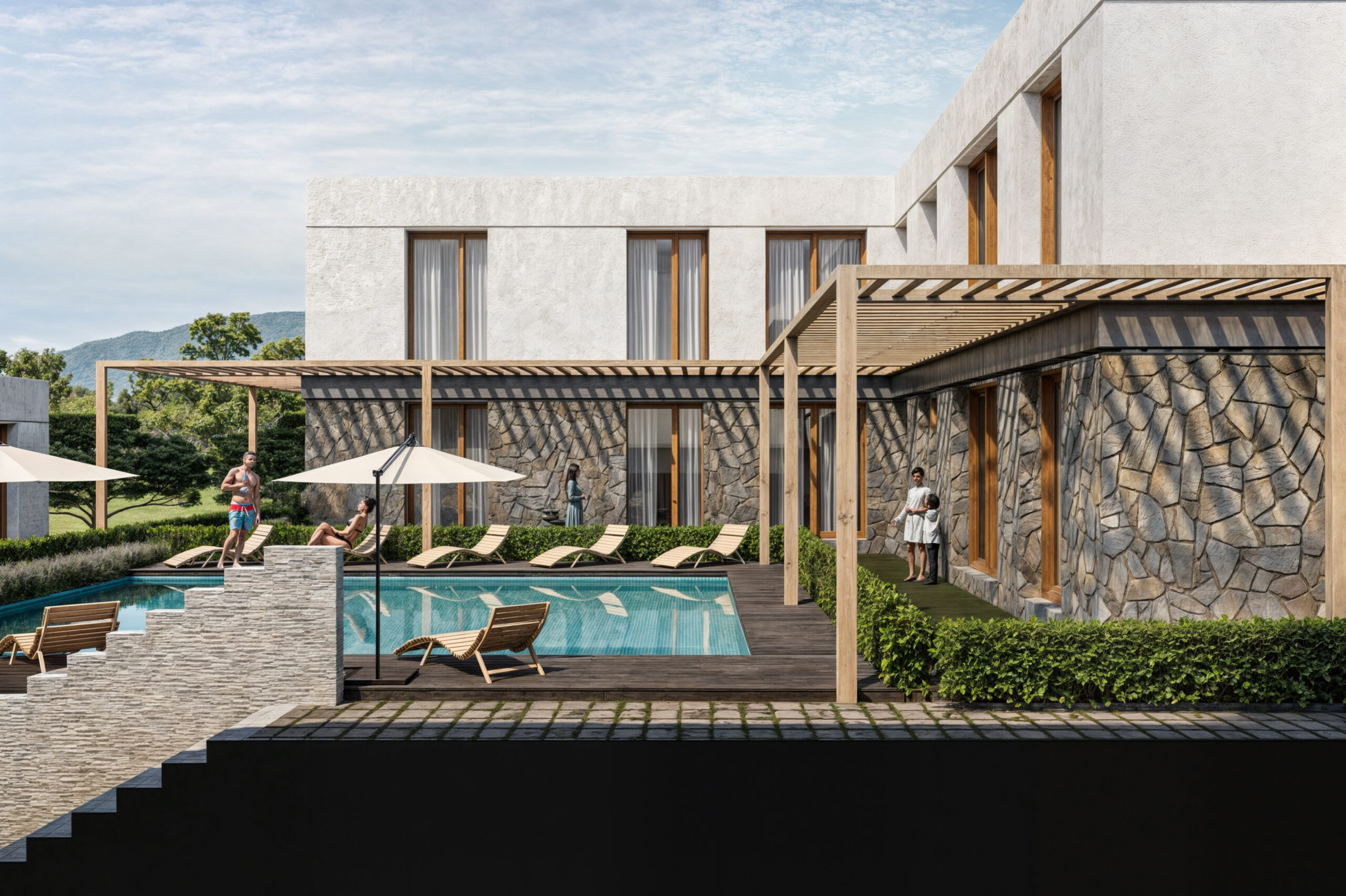 Novo Park, Çiftlikköy: kademeli açık alanlar, havuz ve konut cephelerinin renderı.