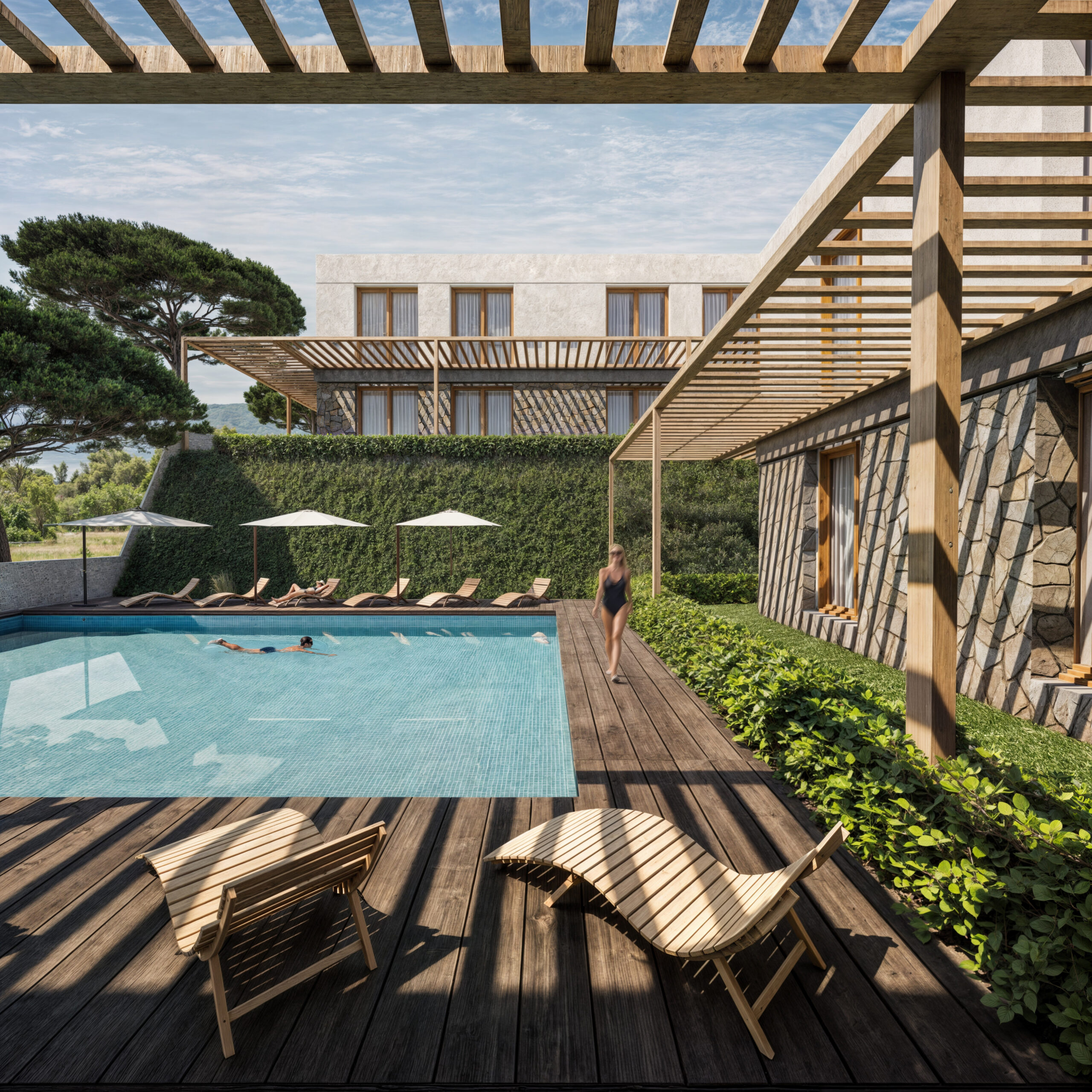 Novo Park, Çiftlikköy: pergola altından havuz ve konutlara bakış.