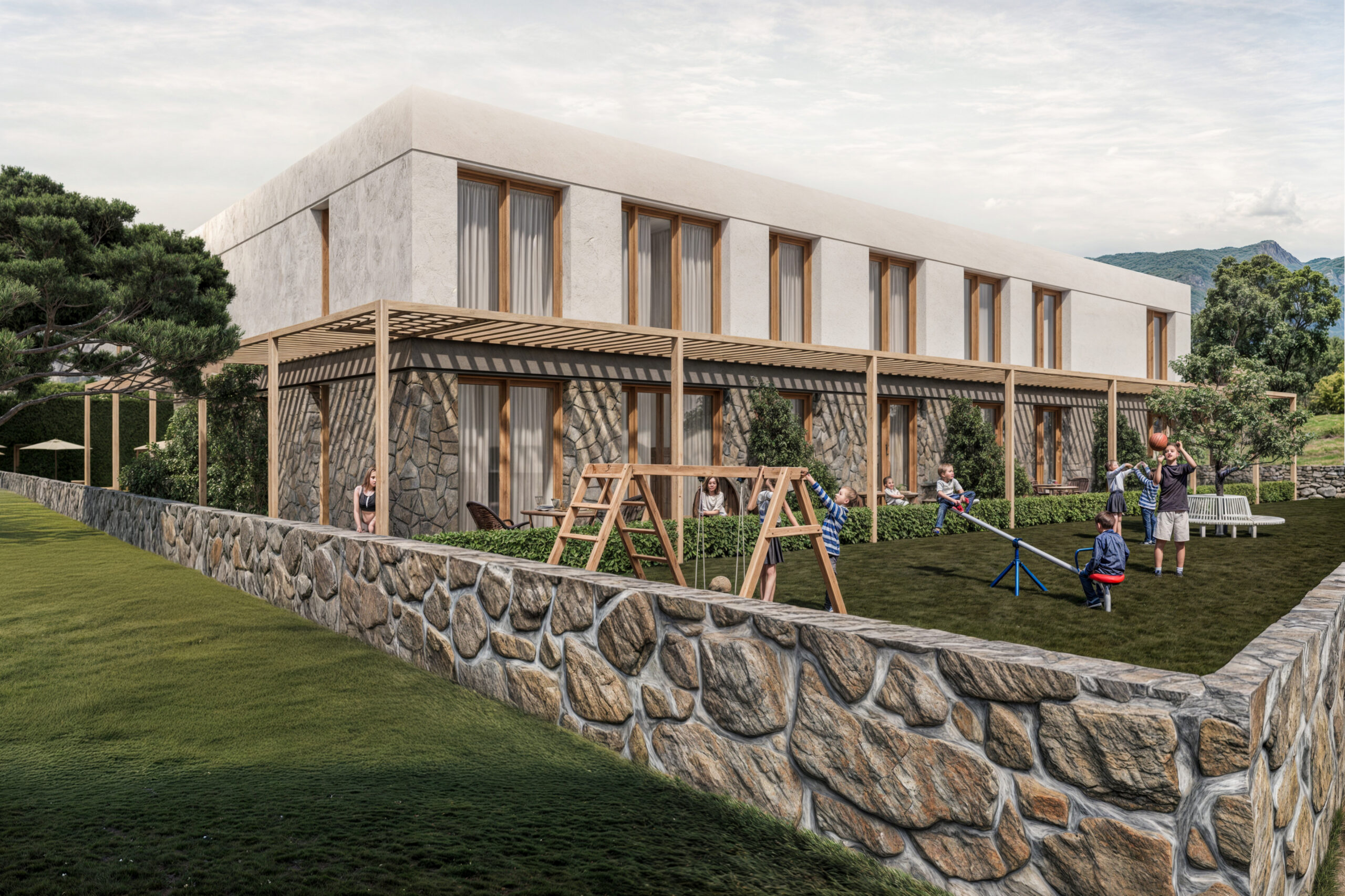 Novo Park, Çiftlikköy: taş bahçe duvarı ve çocuk oyun alanıyla konut bloğunun renderı.