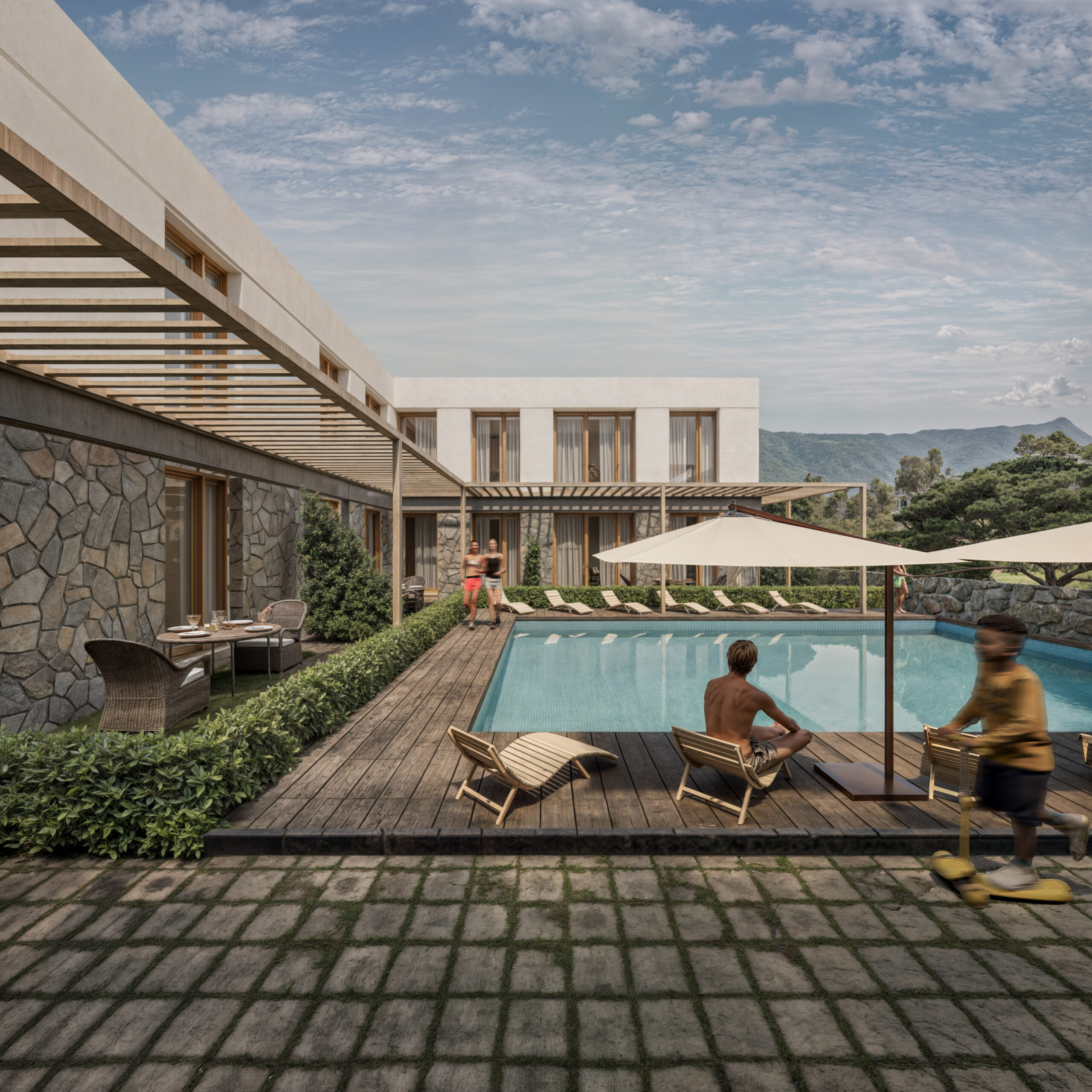 Novo Park, Çiftlikköy: havuz, güneşlenme terası ve konut bloğunun bahçeden görünüşü.