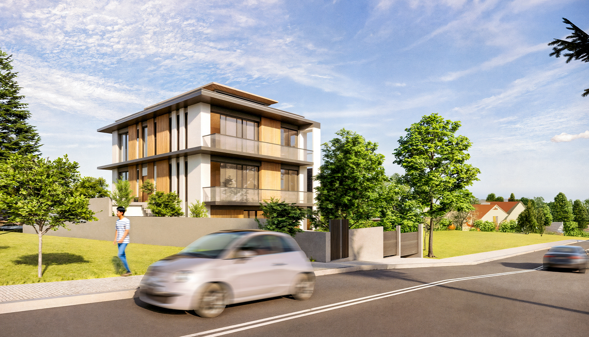 Villa CT, Yalova Çiftlikköy: balkonları ve ahşap dokulu cephe elemanlarıyla konutun sokaktan görünüş renderı.