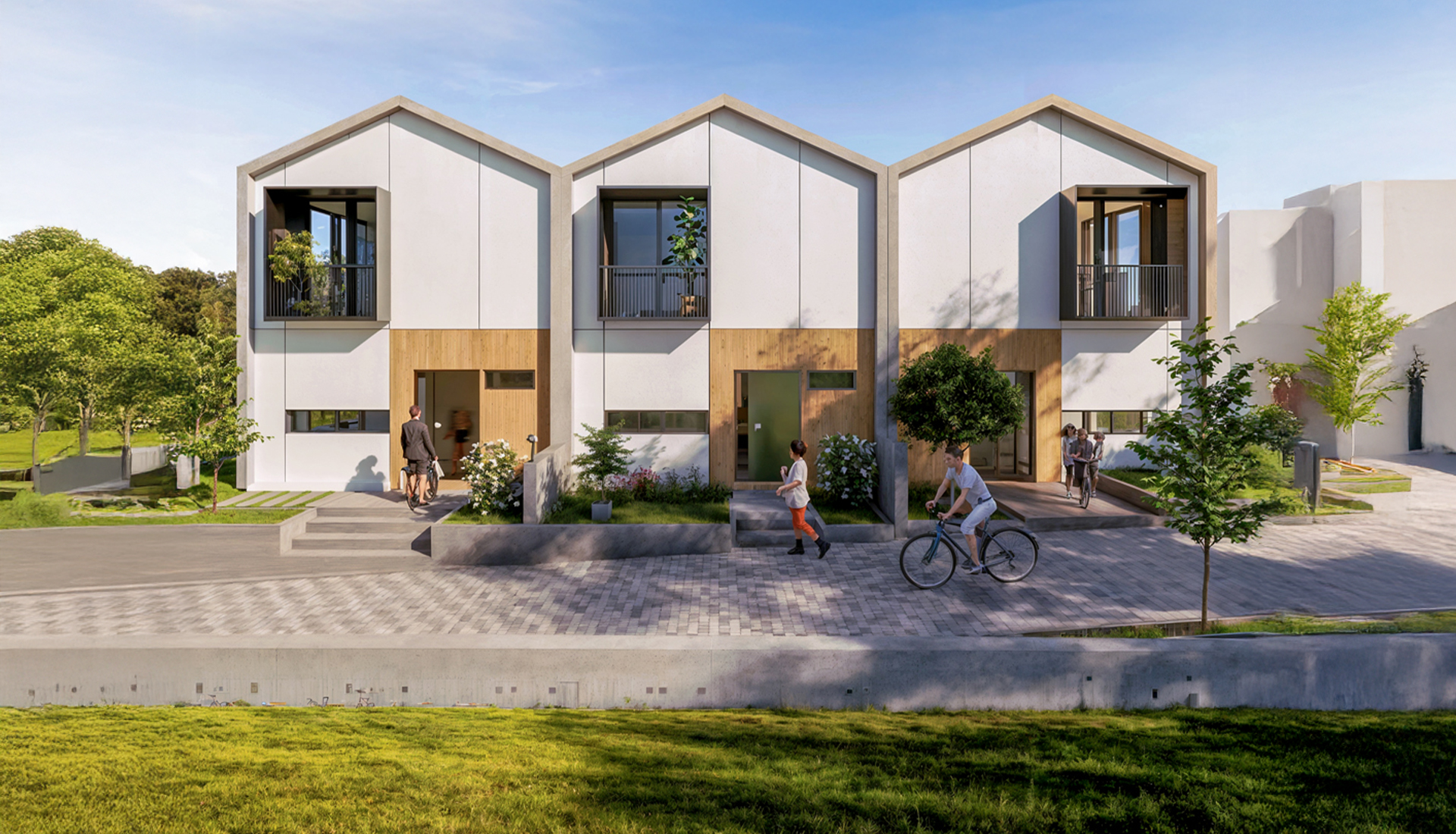 3×3 Evleri, Yalova Kadıköy: kırıklı çatı çizgileriyle bitişik konutların ön cephe renderı.