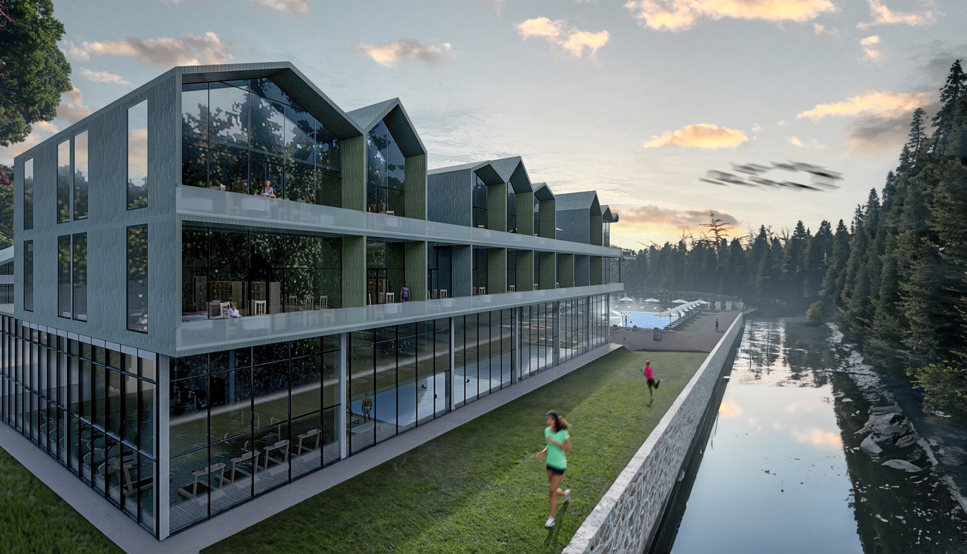 SPA Hotel: kırıklı çatı çizgisi, cam cephe ve su kenarındaki otel kütlesinin renderı.