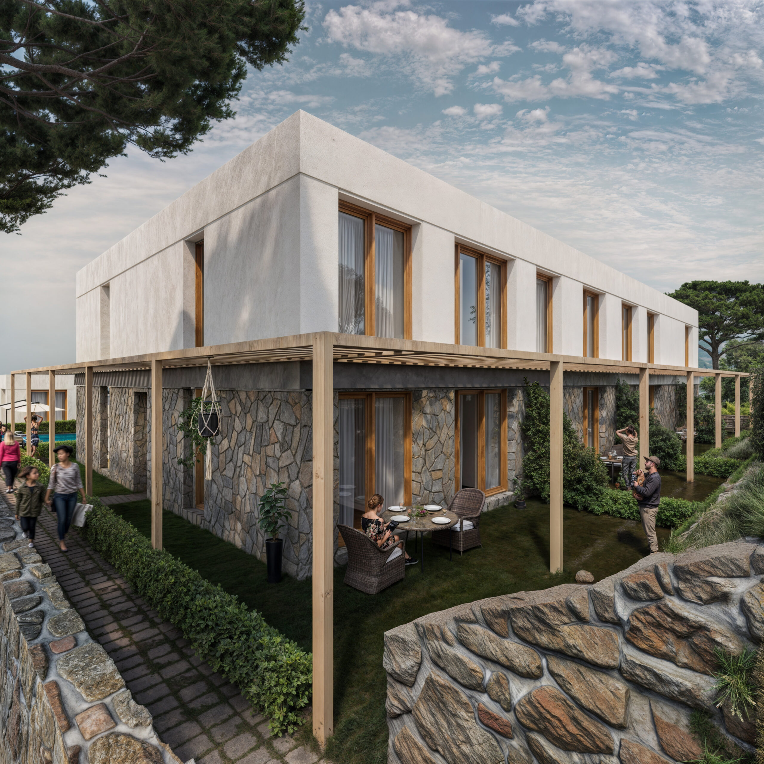 Novo Park, Çiftlikköy: pergolalı teras ve konut bloğunun köşe görünüşü.