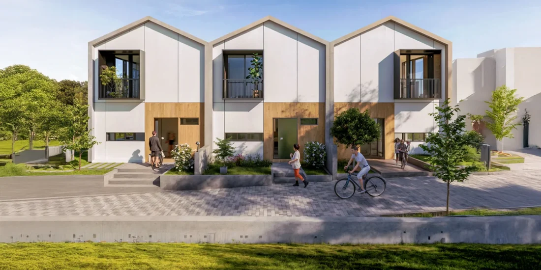 3×3 Evleri projesinde eğimli çatılı konutların sokak cephesi
