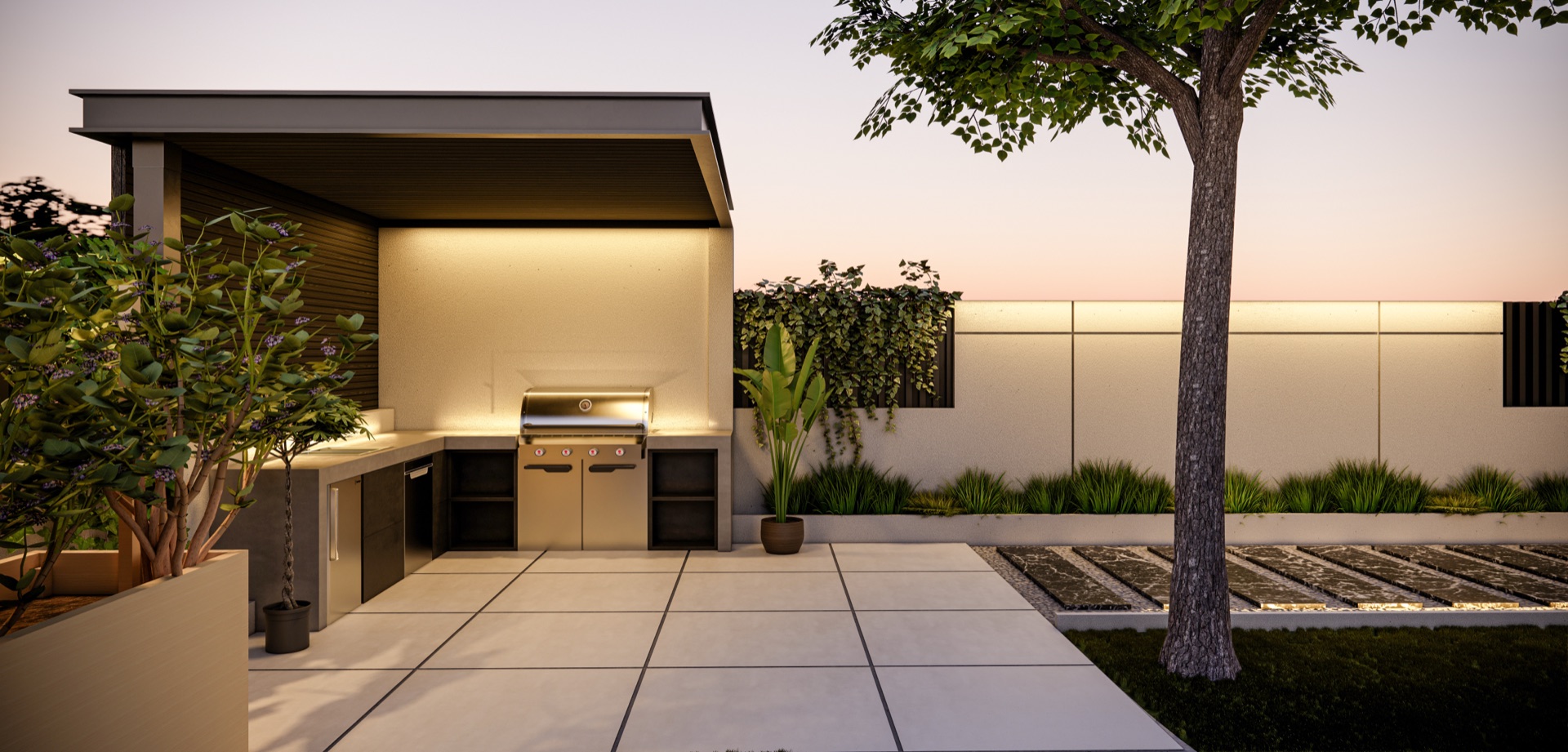 Ö-Ö Evi bahçedeki açık mutfak — mimari render