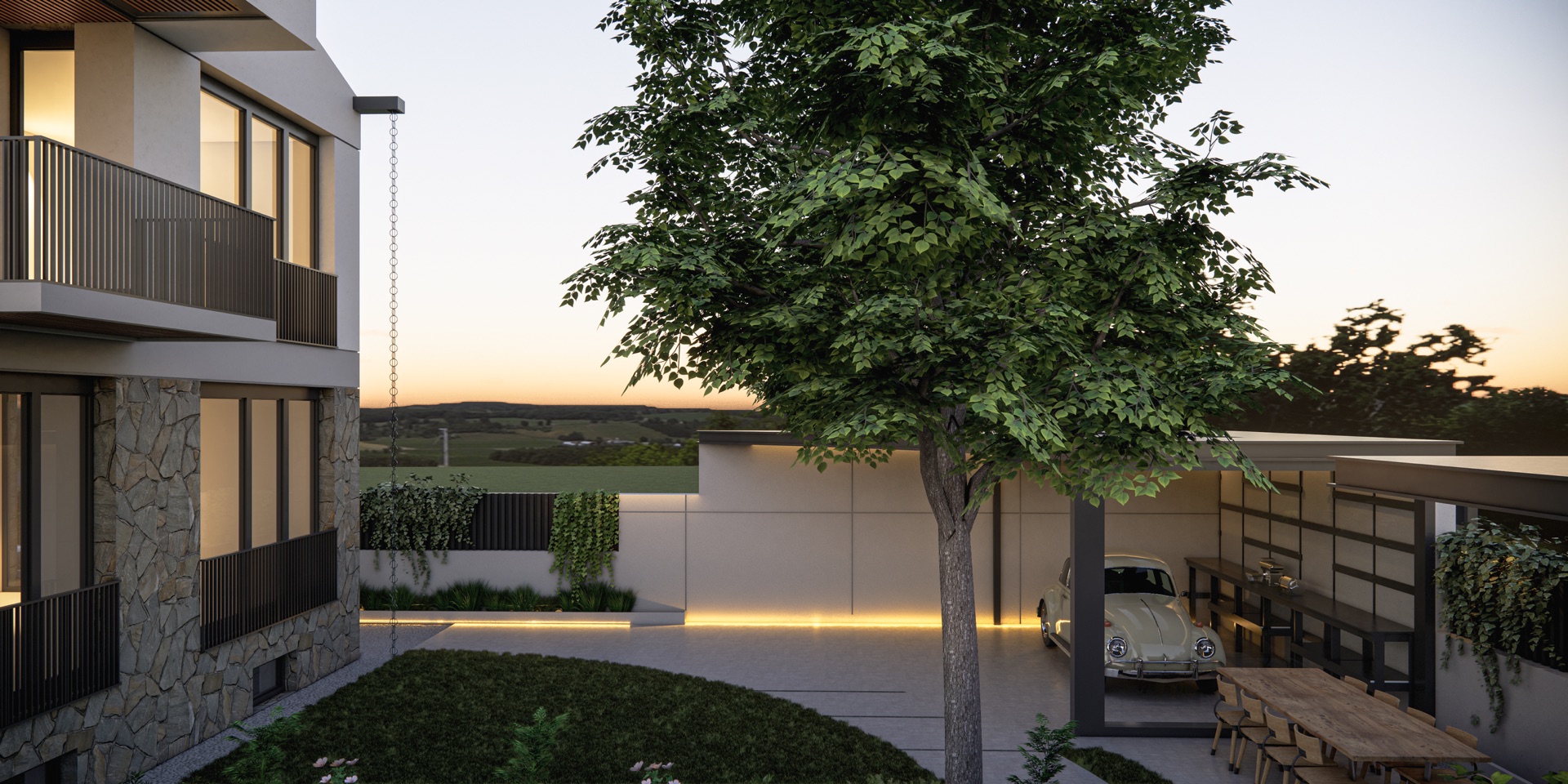 Ö-Ö Evi bahçe ve garaj düzenlemesi — mimari render