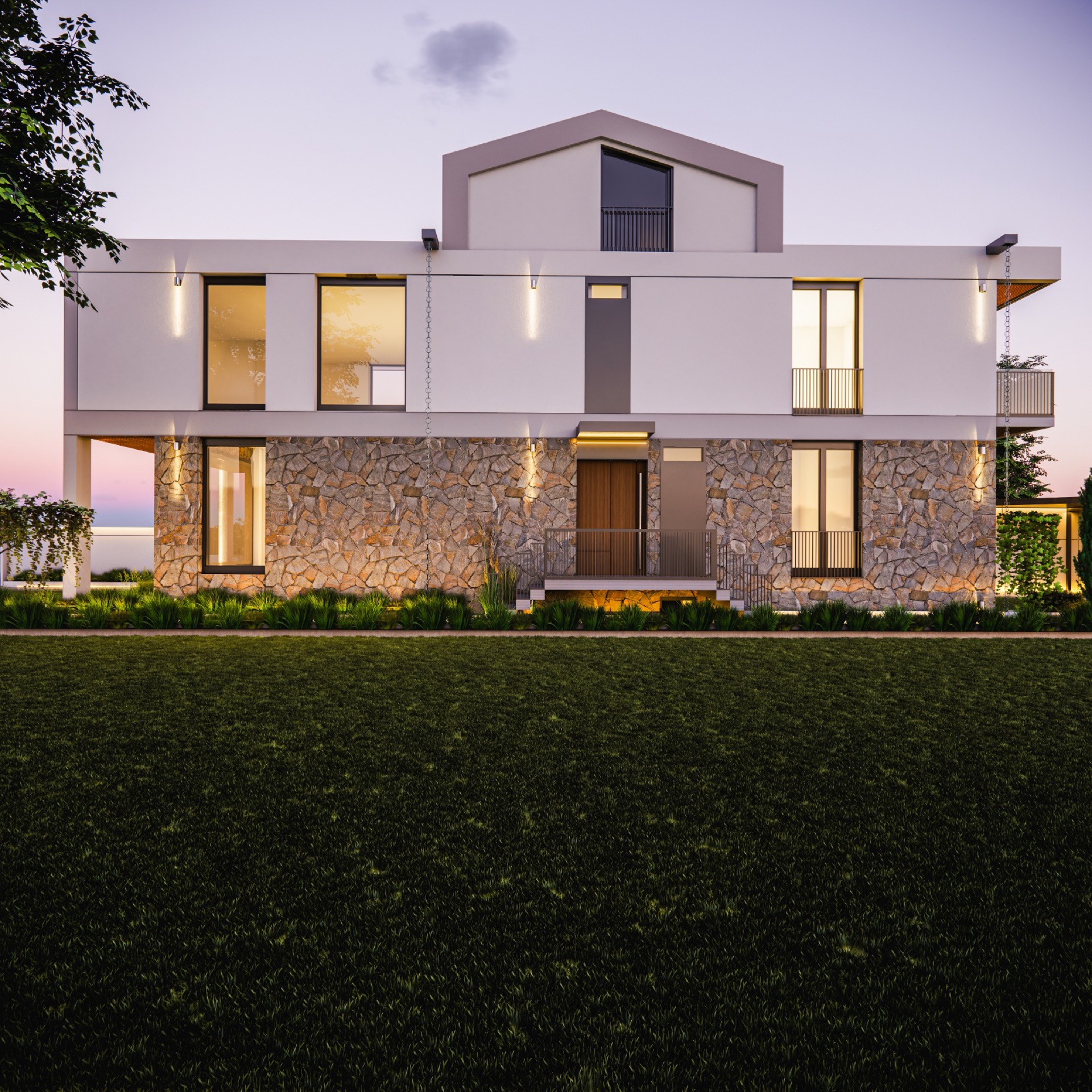 Ö-Ö Evi yan cephesi ve bahçesi — mimari render