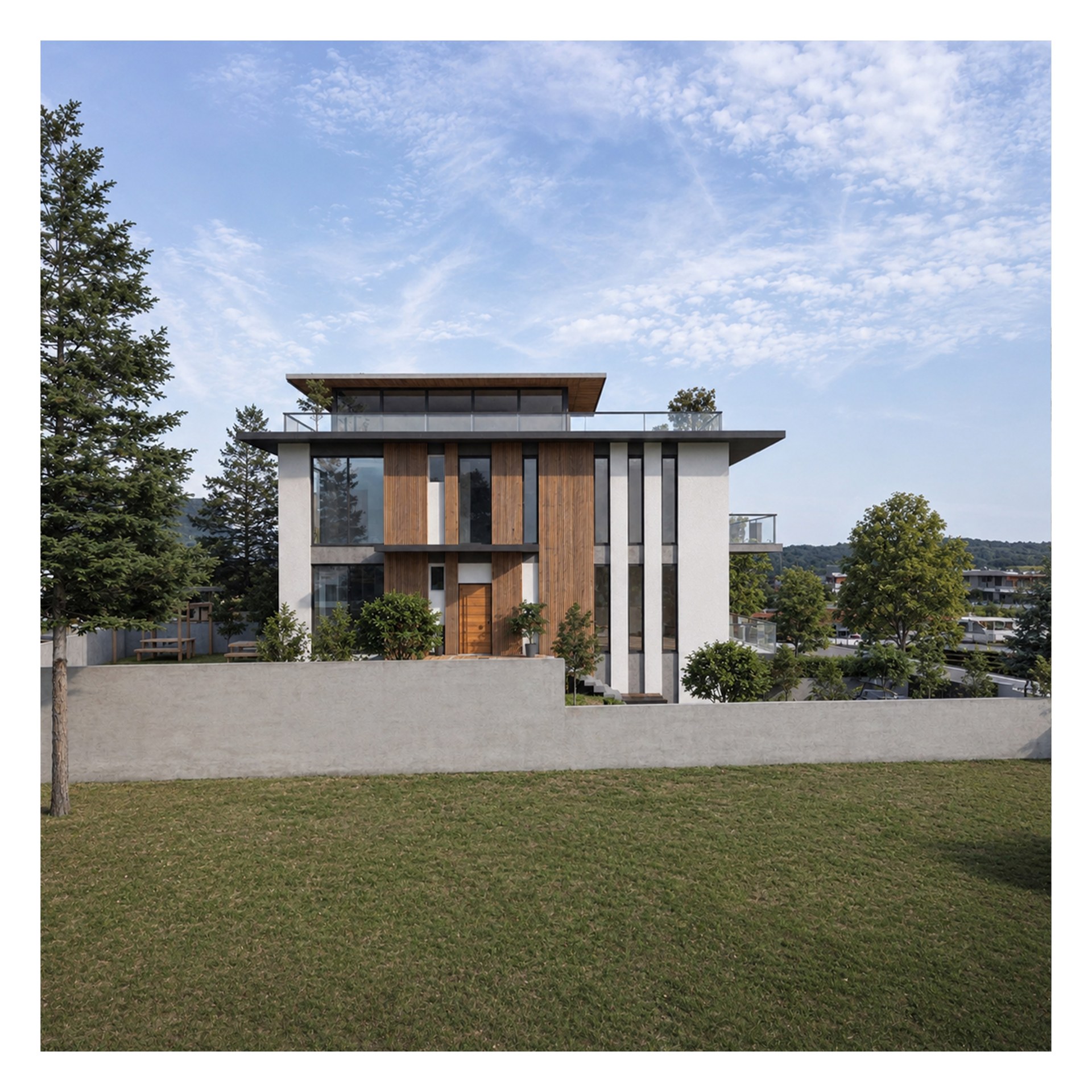Villa CT — yan cephe ve bahçe renderı