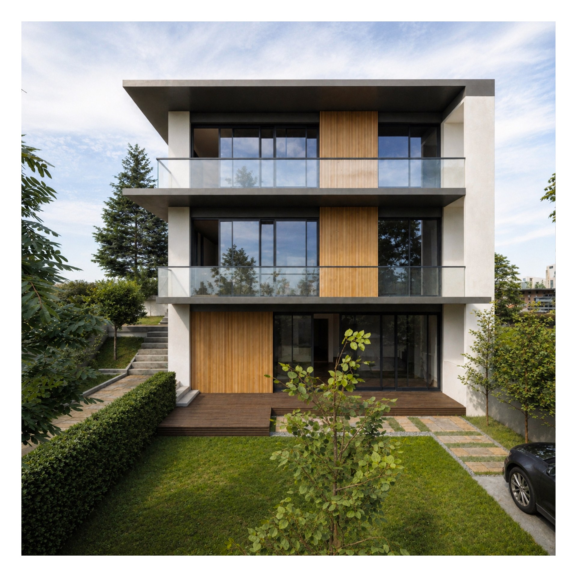 Villa CT — ön cephe ve giriş bahçesi renderı