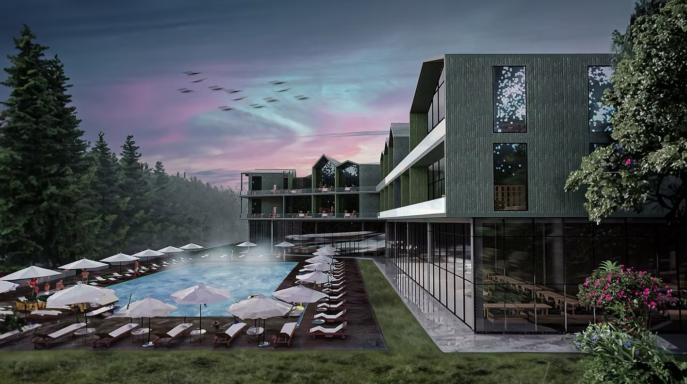 SPA Hotel: akşam ışığında havuz ve cam cepheli otel kütlesi renderı.