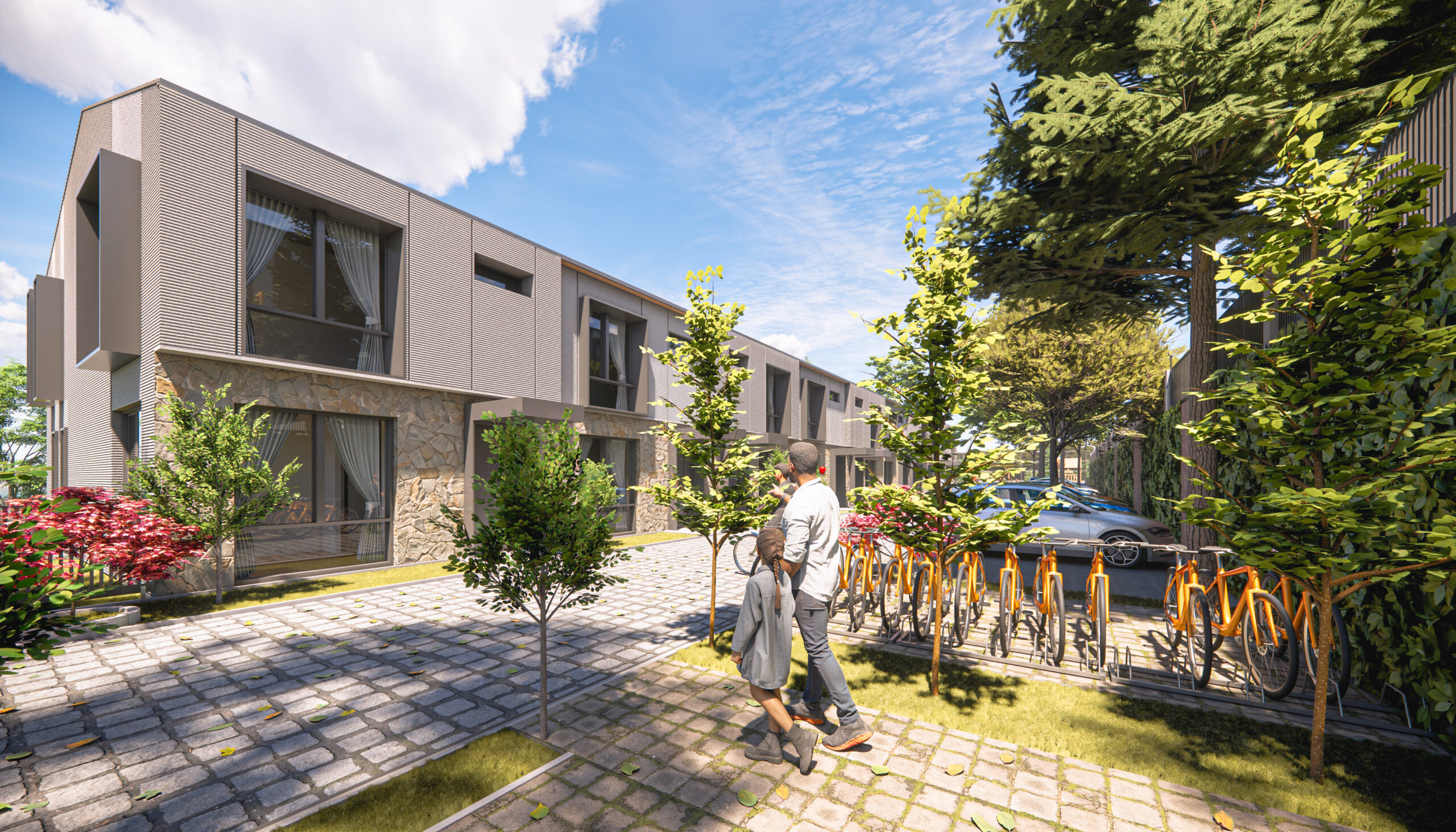 Jardine Safran, Yalova: konutlar arasındaki peyzajlı yaya yolu ve oyun alanı.