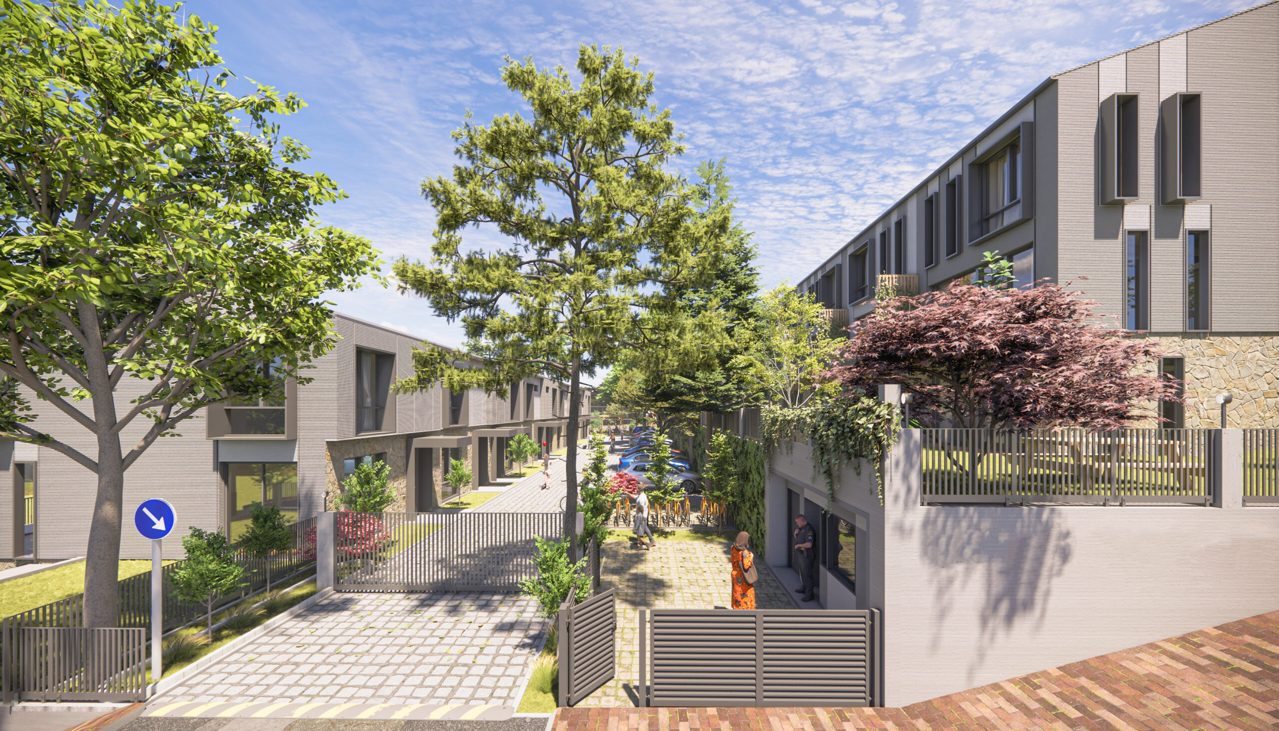 Jardine Safran, Yalova: eğimli sokaktan yerleşimin girişine bakış.