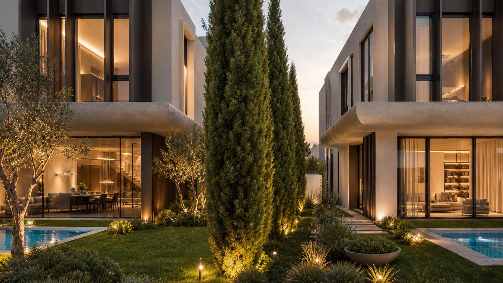 Olea Twins özel bahçe ve havuz — mimari render