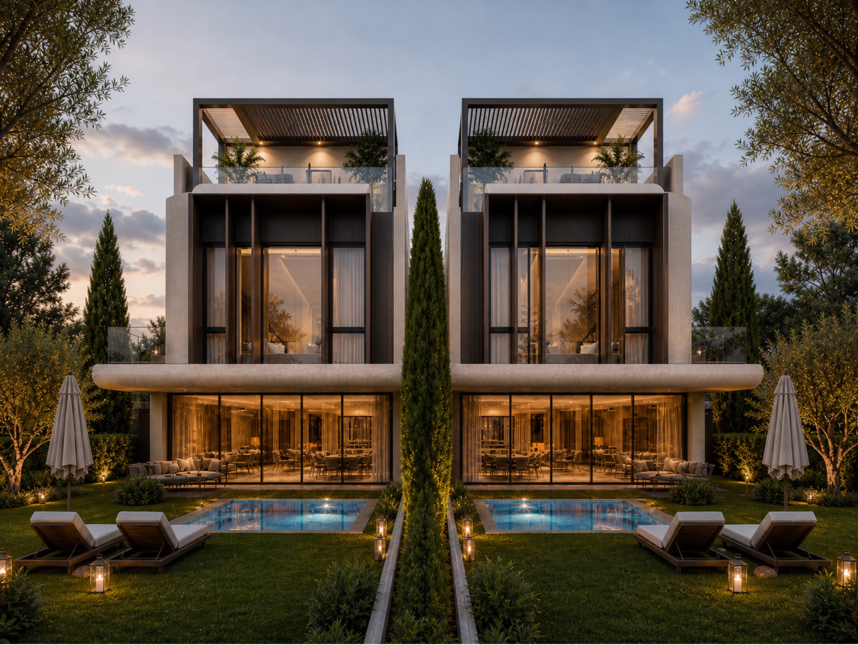Olea Twins Kaytazdere ikiz villaların bahçe ve havuz cephesi — mimari render