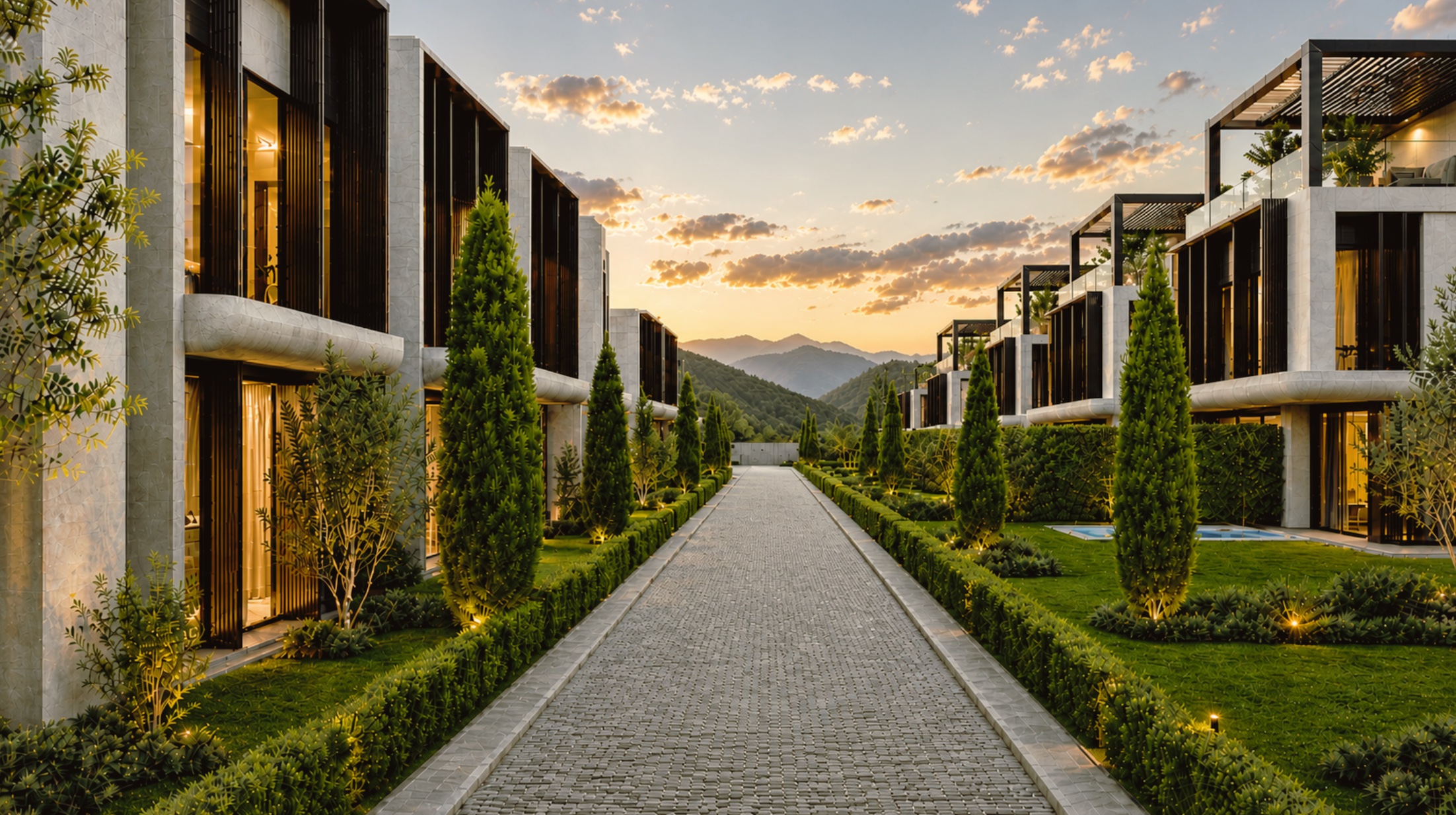Olea Twins peyzajlı iç sokak — mimari render