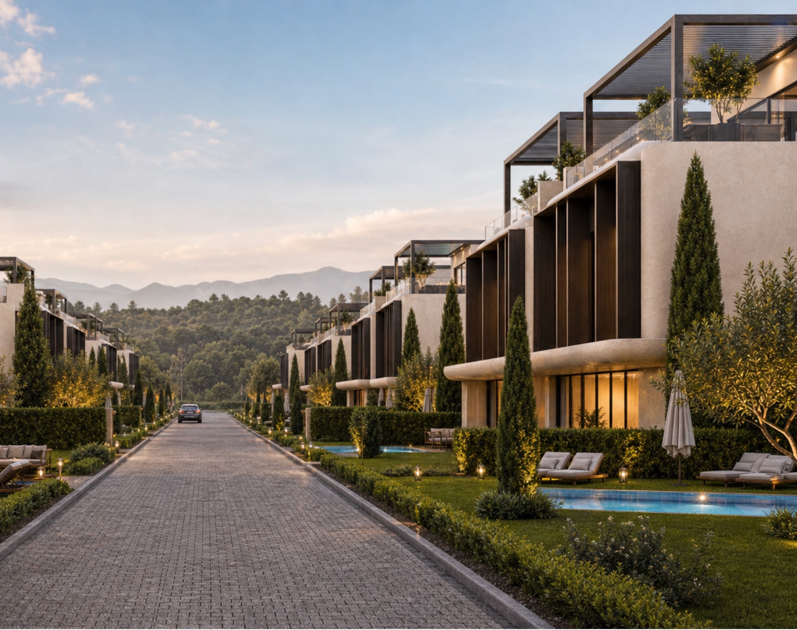 Olea Twins iç sokak ve villa cepheleri — mimari render