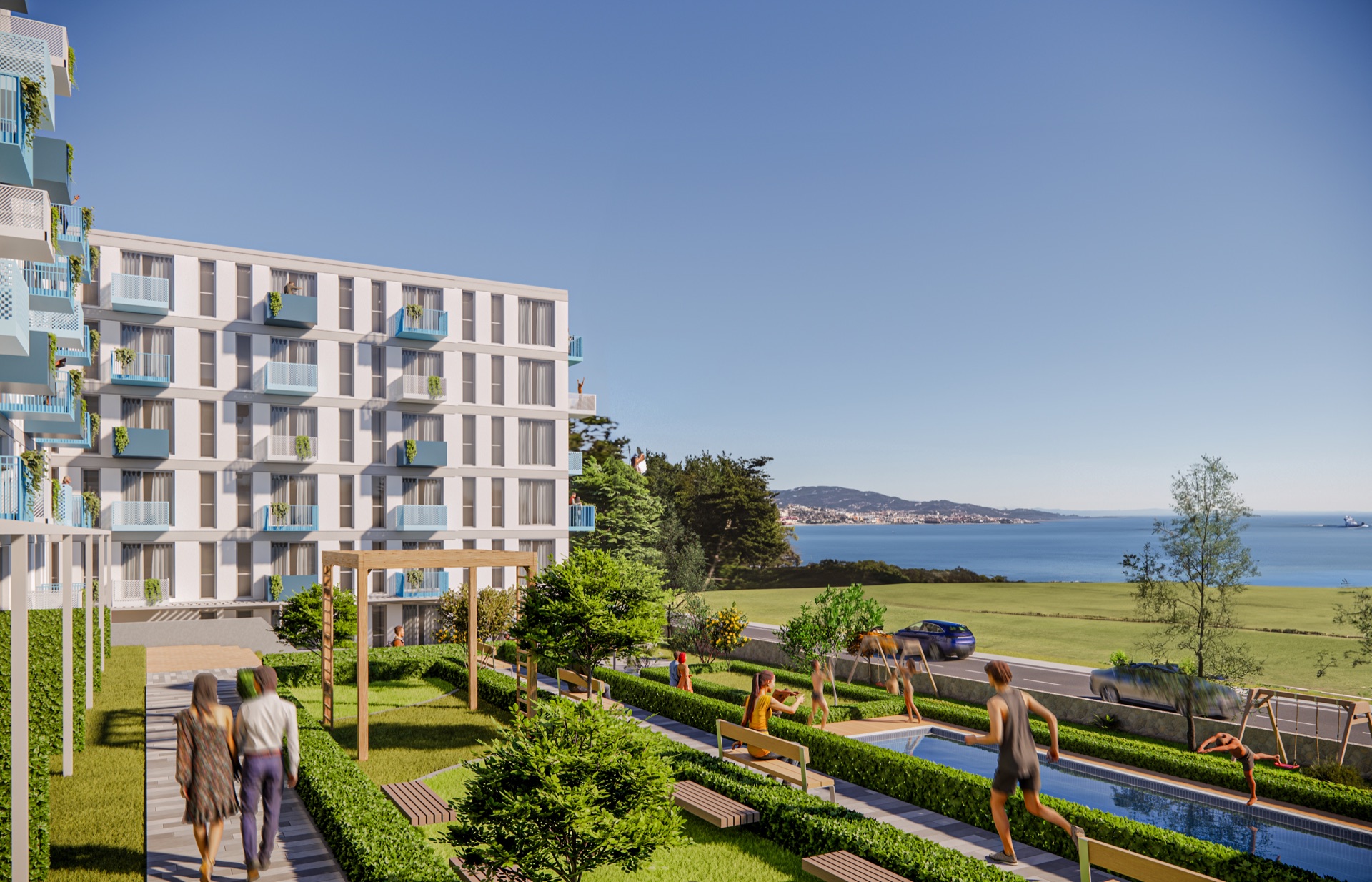Sealuxe Armutlu peyzaj ve deniz yönündeki açık alanlar — mimari render